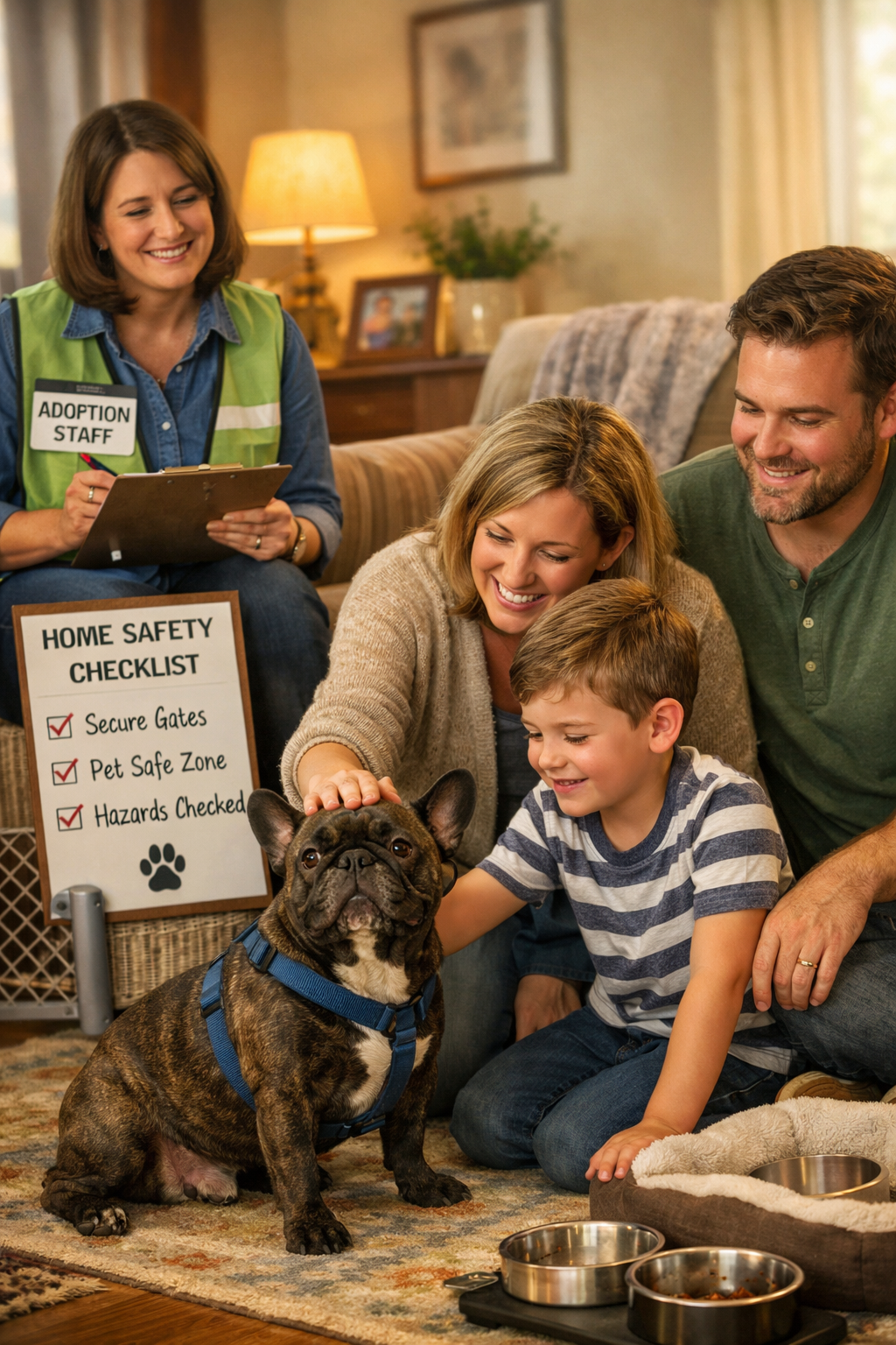 Portrait format (1024x1536) concept image showing French Bulldog meeting potential adopters in home visit setting. Cozy living room environm