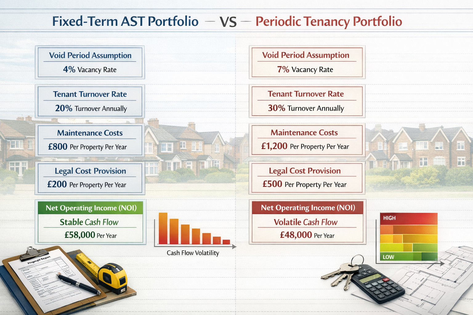 () detailed comparison chart showing two side-by-side property assessment scenarios: 'Fixed-Term AST Portfolio' versus