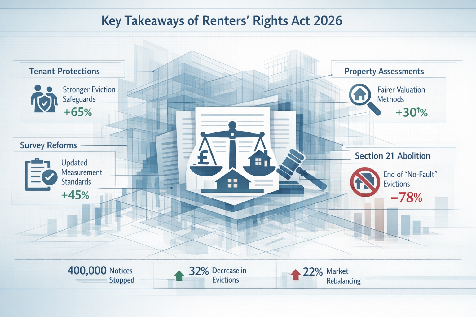 Conceptual infographic visualizing 'Key Takeaways' of Renters' Rights Act 2026, featuring a multi-layered architectural