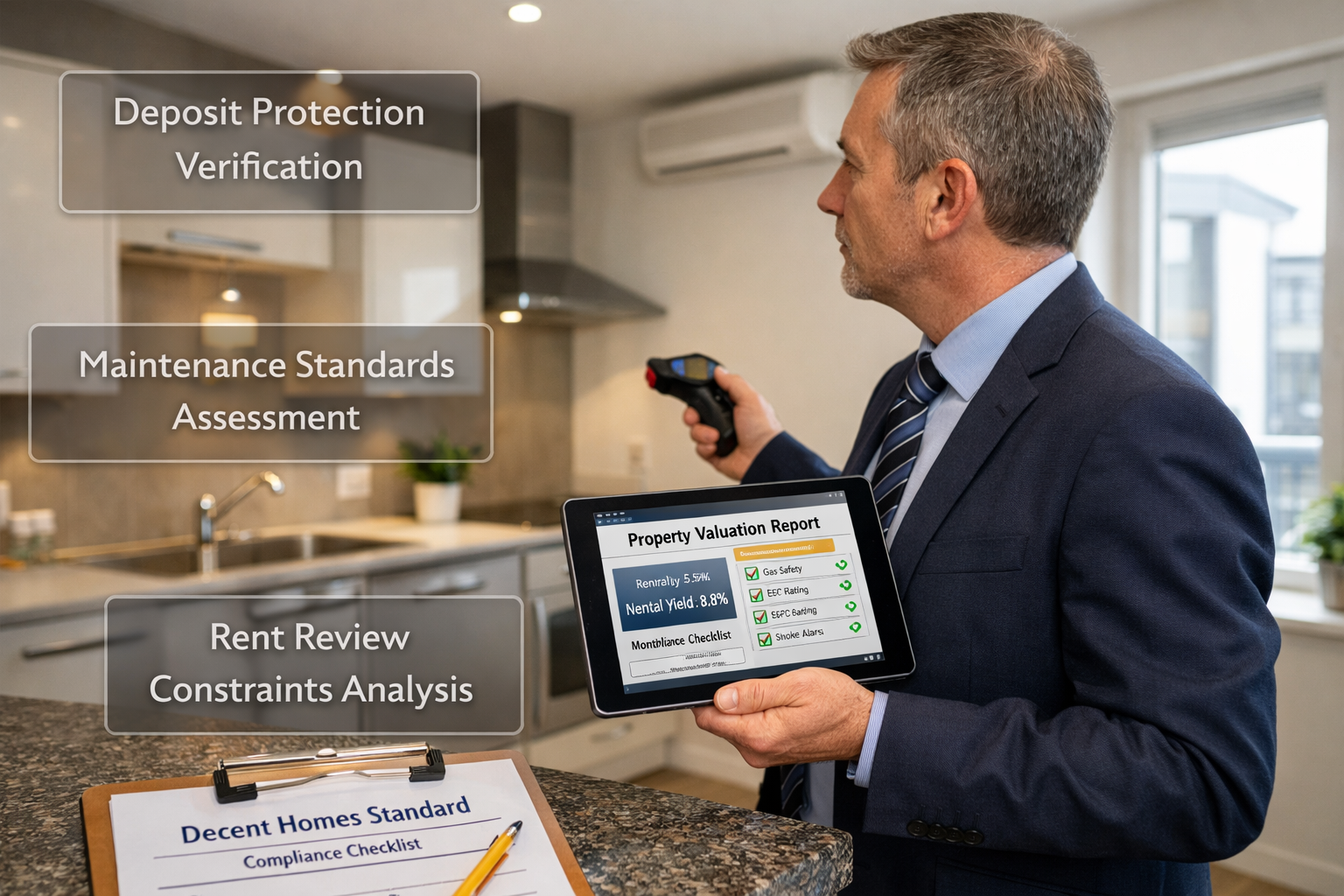 () professional photograph of chartered surveyor conducting rental property inspection in modern UK flat interior, wearing