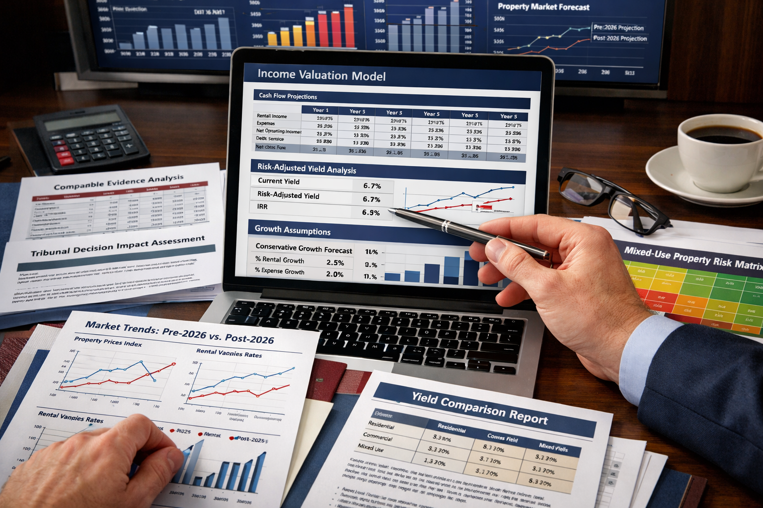 () sophisticated financial analysis workspace scene showing desk with multiple documents spread out: rental property