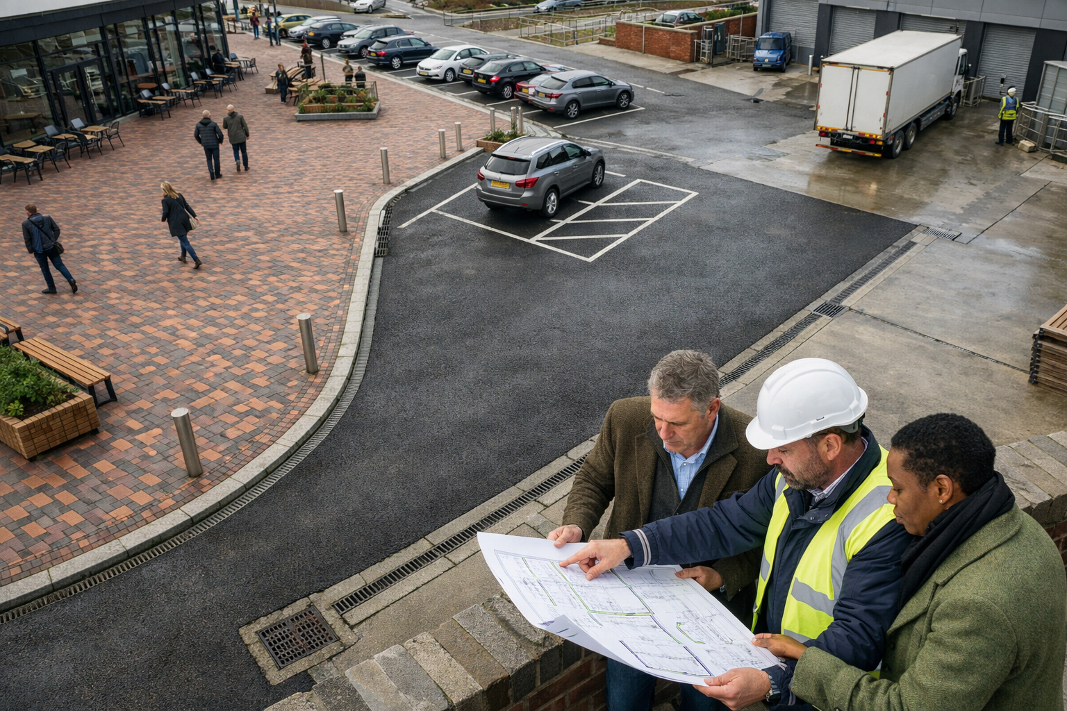 Landscape editorial image illustrating how to choose between commercial block paving and asphalt for different site uses.