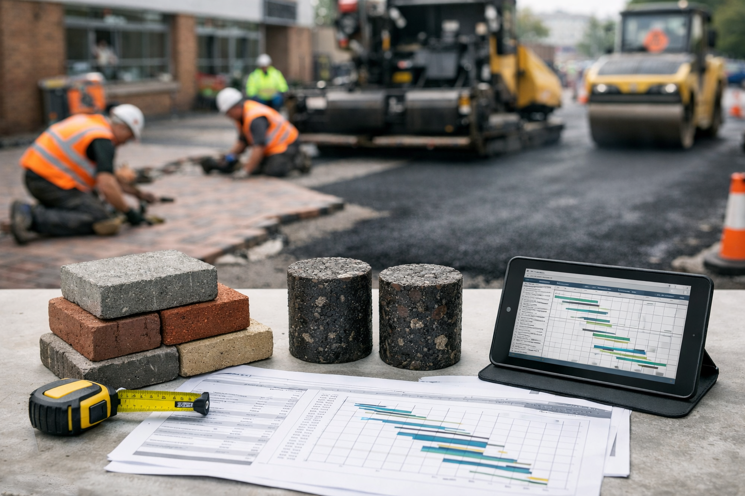 Landscape editorial image focused on cost, programme, and maintenance in a commercial block paving vs asphalt comparison.