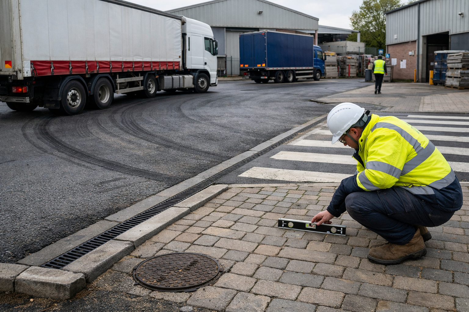 Landscape editorial image showing technical performance factors for commercial paving surfaces in a British industrial