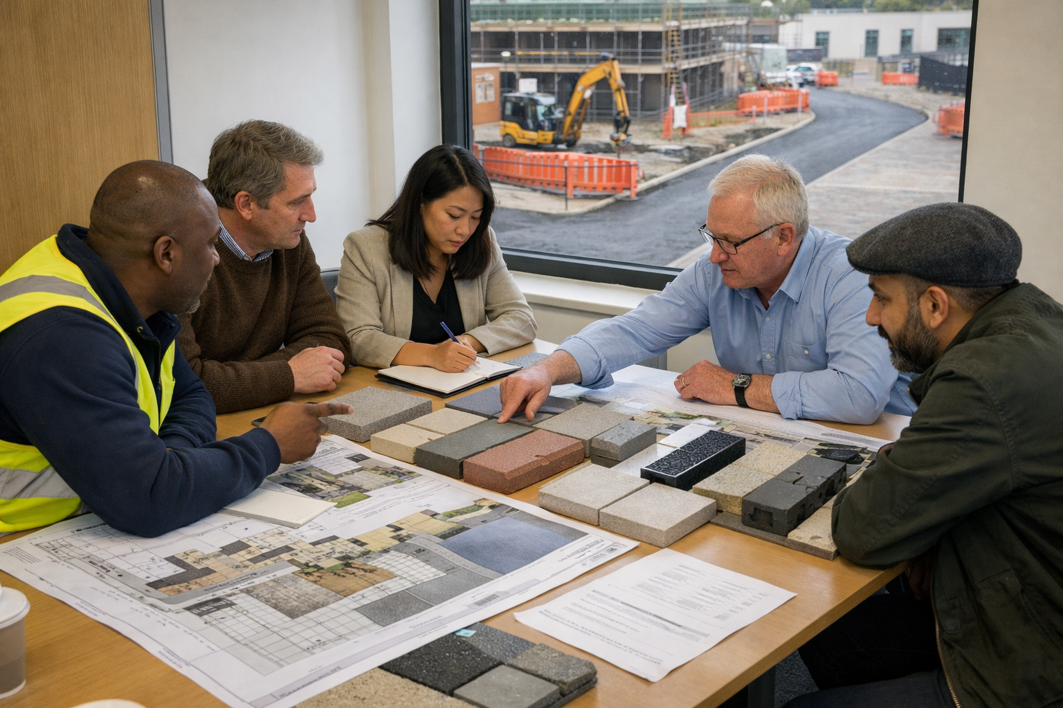 Landscape editorial image depicting a decision-making workshop for a commercial block paving vs asphalt comparison. Indoor