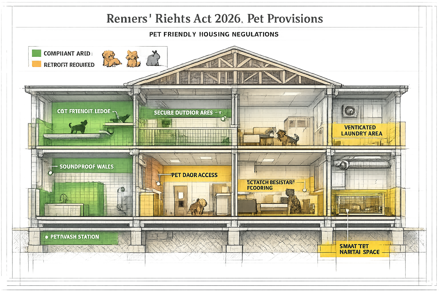 Detailed architectural rendering illustrating the Renters' Rights Act 2026 Pet Provisions, showing cross-section of