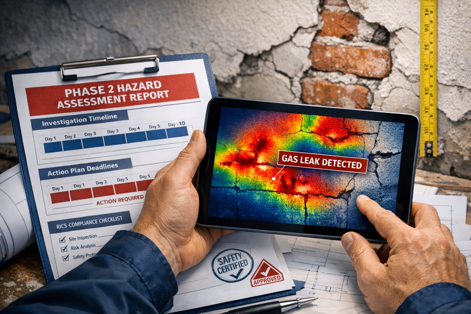 Detailed () image showing close-up view of structural engineer's hands holding digital tablet displaying thermal imaging