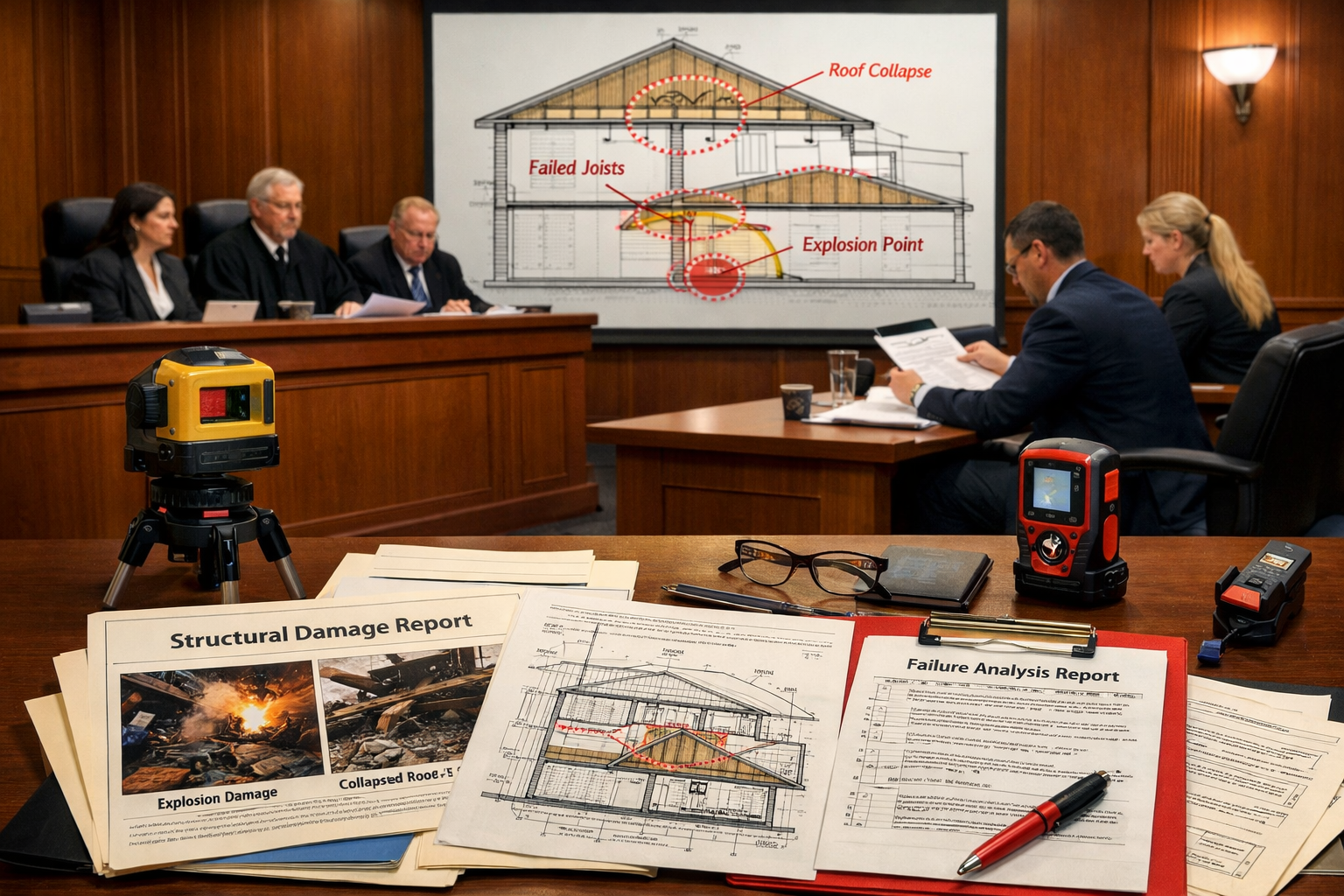 Wide-angle () image of professional courtroom or arbitration hearing setting with expert witness stand in foreground,