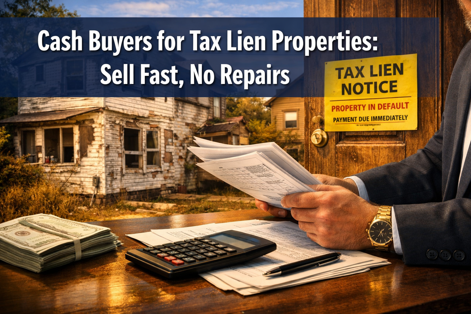 Professional landscape hero image (1536x1024) featuring bold text overlay 'Cash Buyers for Tax Lien Properties: Sell Fast, No Repairs' in ex