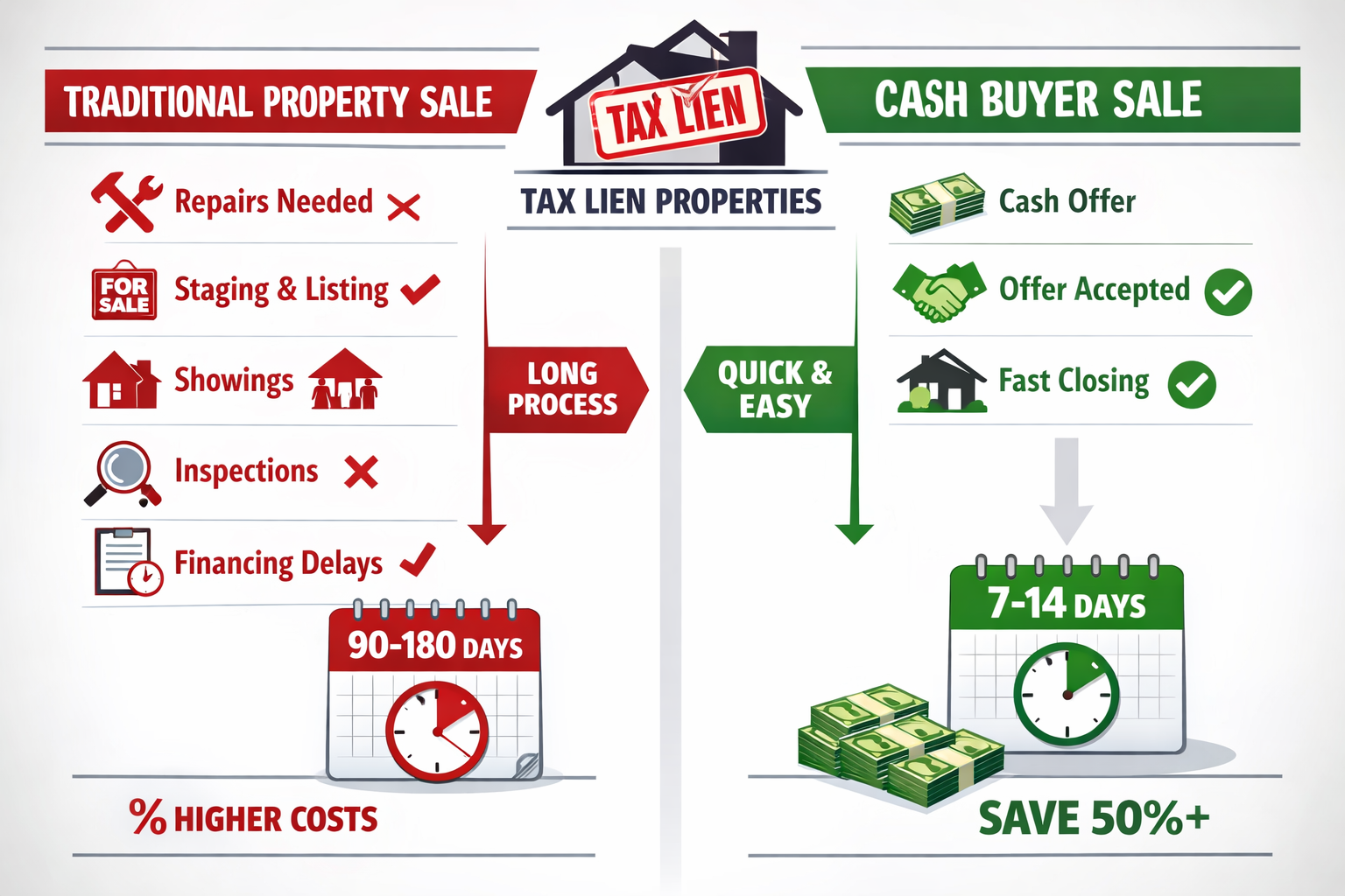 Detailed infographic illustration (1536x1024) showing the traditional property sale timeline versus cash buyer timeline for tax lien propert