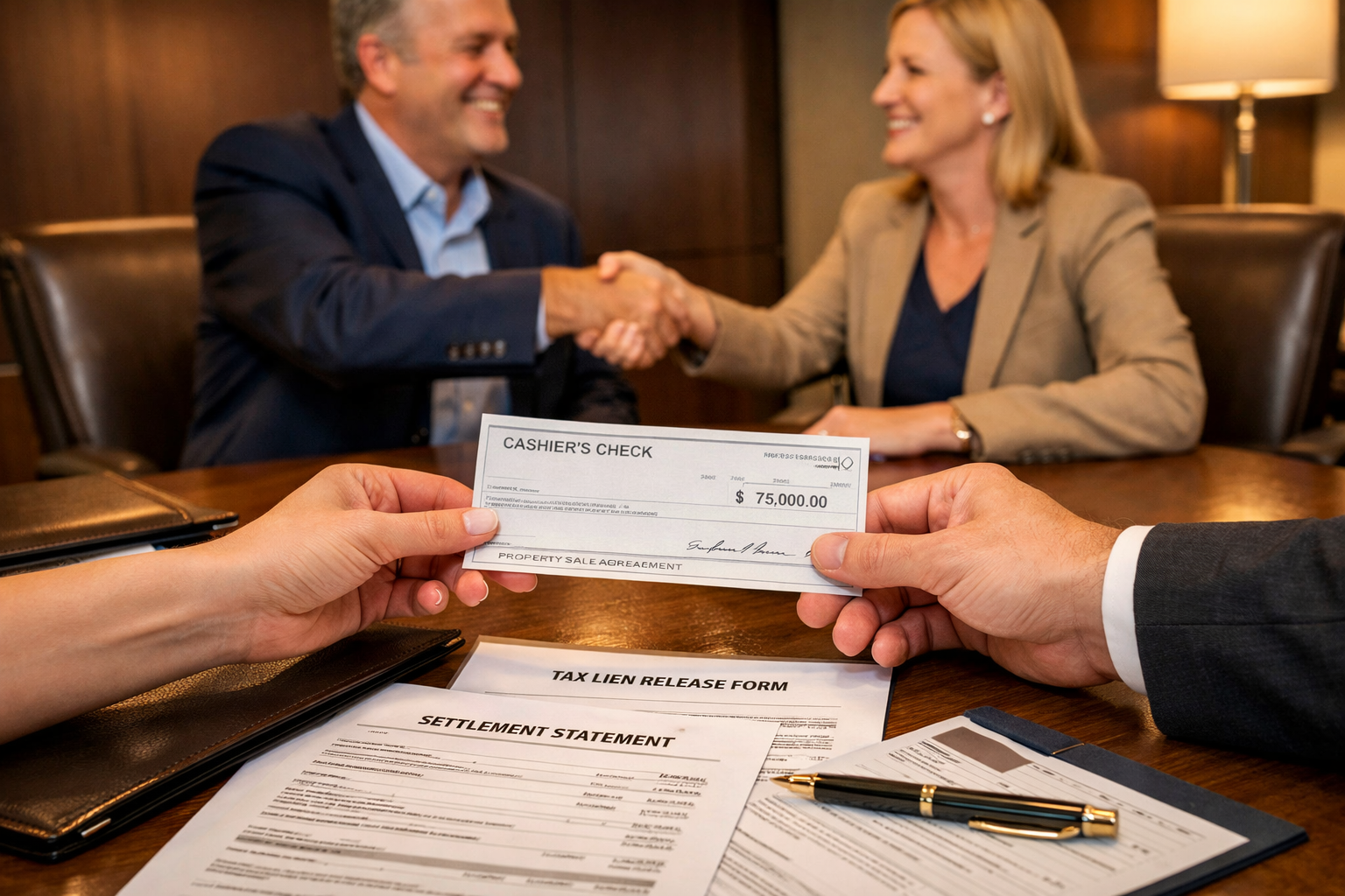 Landscape editorial photograph (1536x1024) showing professional real estate transaction closing scene for tax lien property. Center focus on