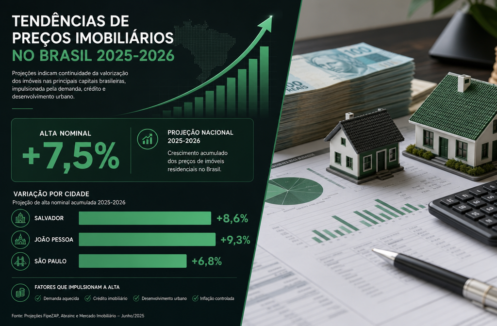 () editorial infographic showing Brazilian real estate price trends 2025-2026. Split composition: left side shows upward