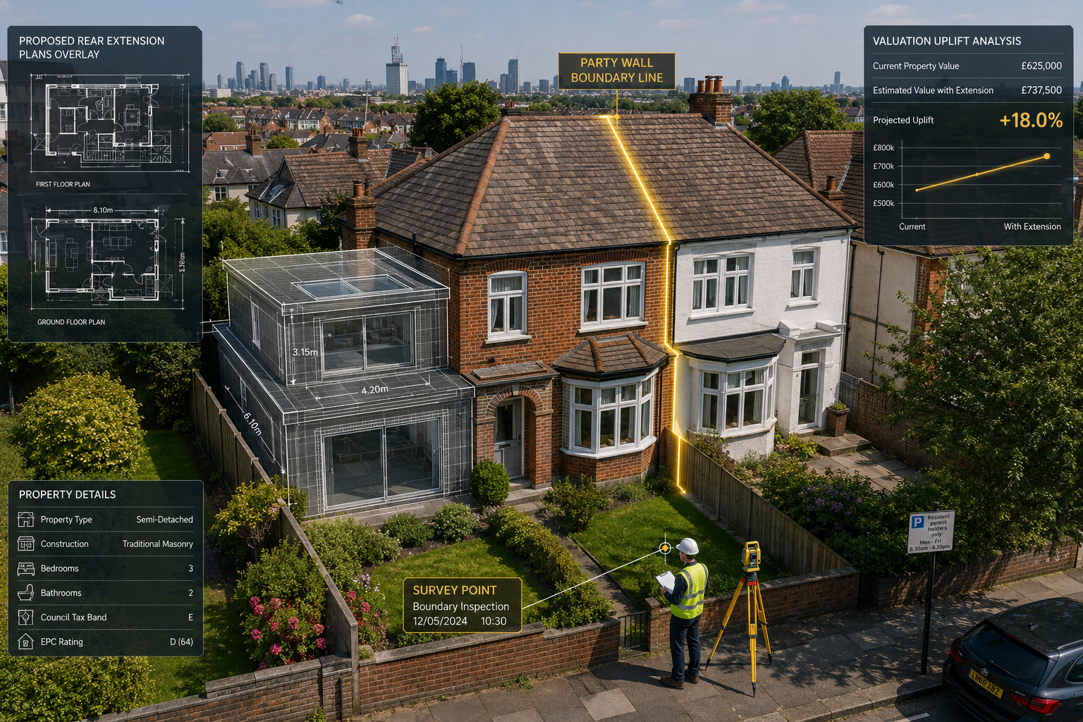 Wide-angle aerial view of a British semi-detached property with a visible party wall boundary line digitally highlighted in