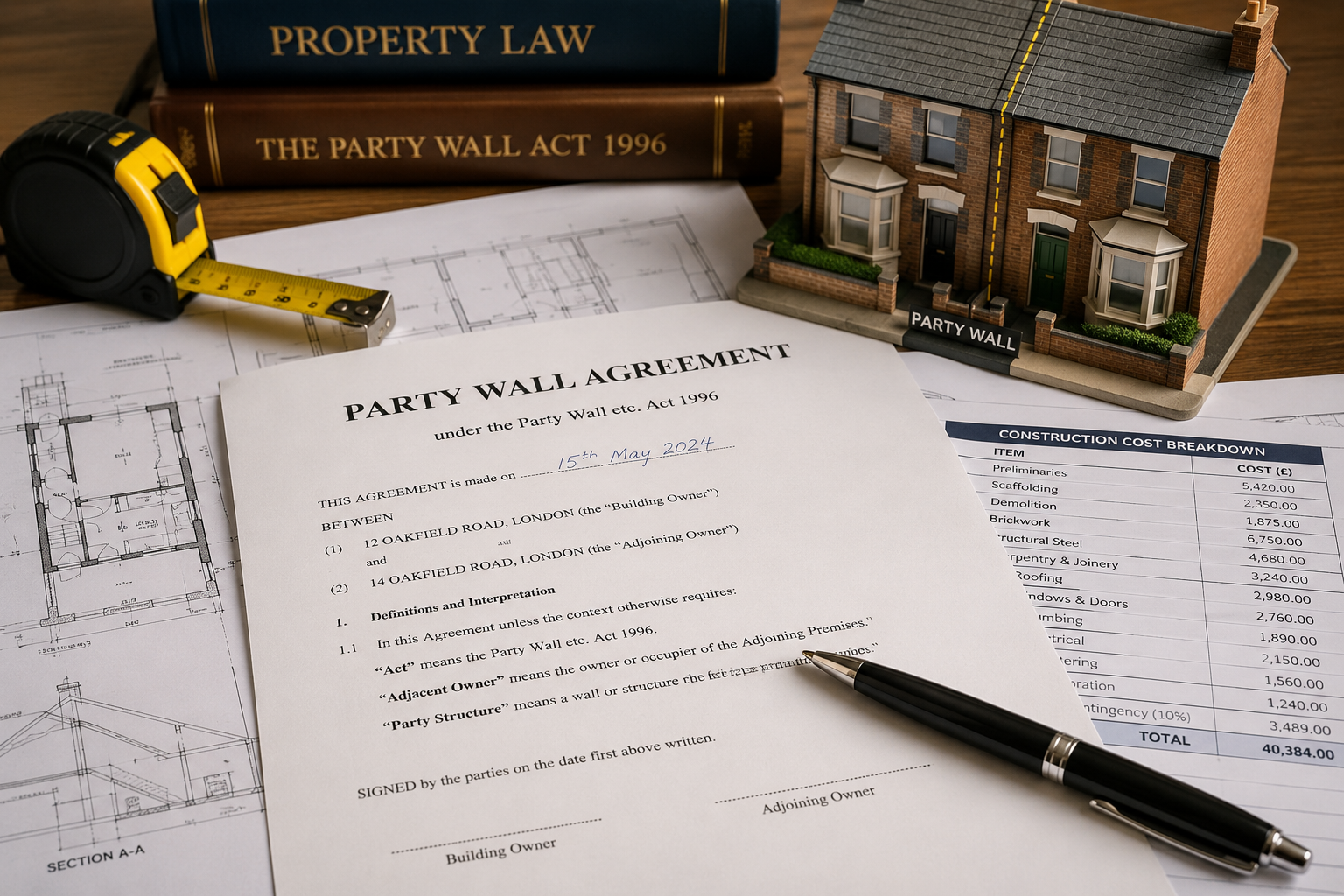 Close-up of a party wall agreement legal document on a desk alongside architectural drawings, a surveyor's measuring tape,