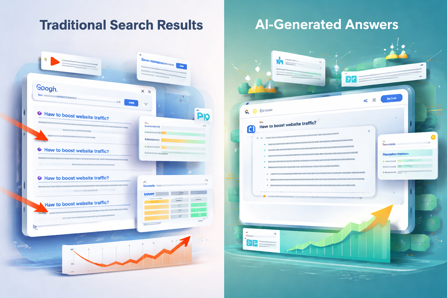 Detailed () image showing split-screen comparison of traditional search results versus AI-generated answers. Left side