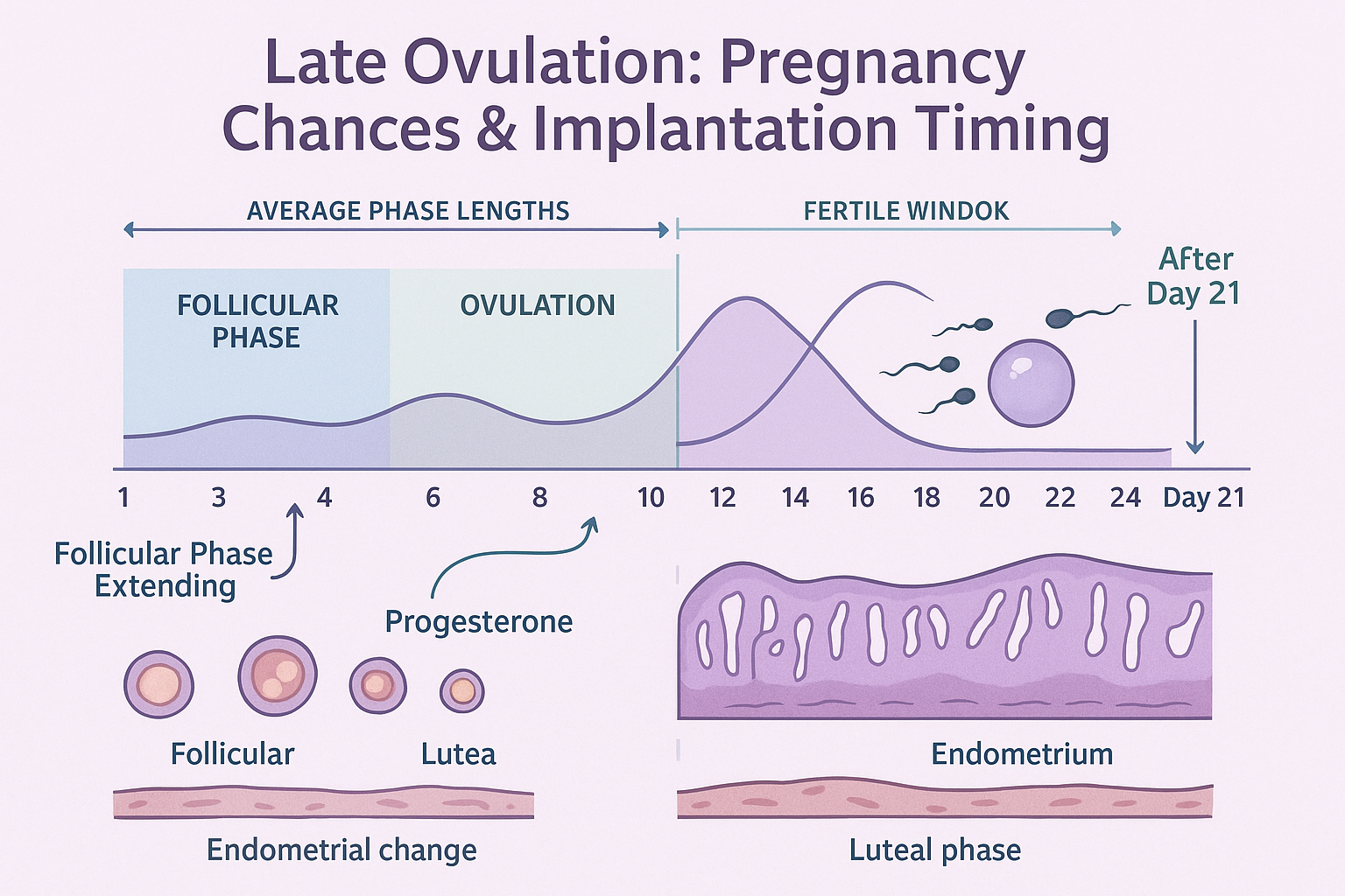 A detailed infographic (1536x1024) illustrating the menstrual cycle phases, specifically highlighting 'Late Ovulation' occurring after day 2