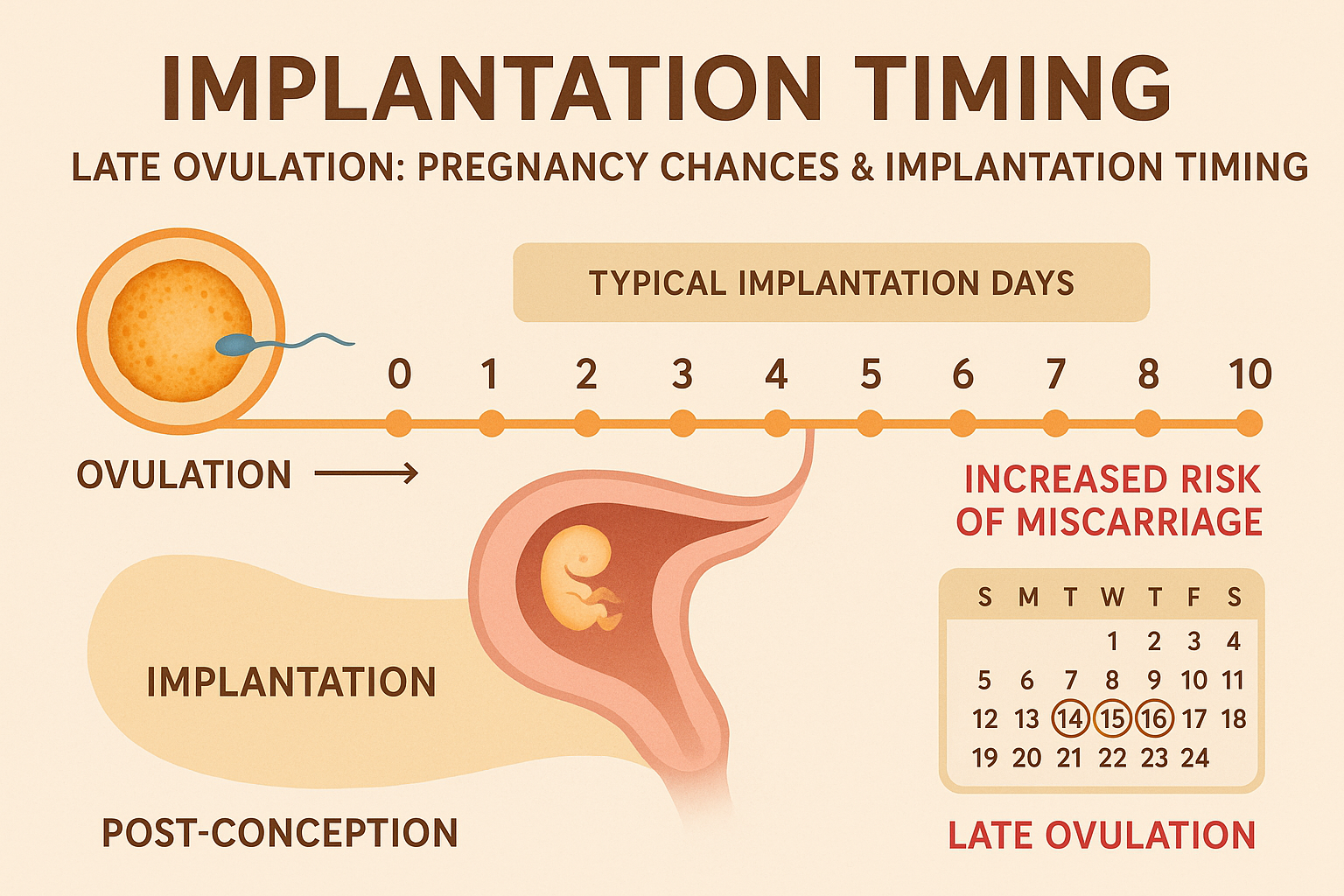 A detailed timeline graphic (1536x1024) visually representing the critical window for implantation after conception, especially in the conte