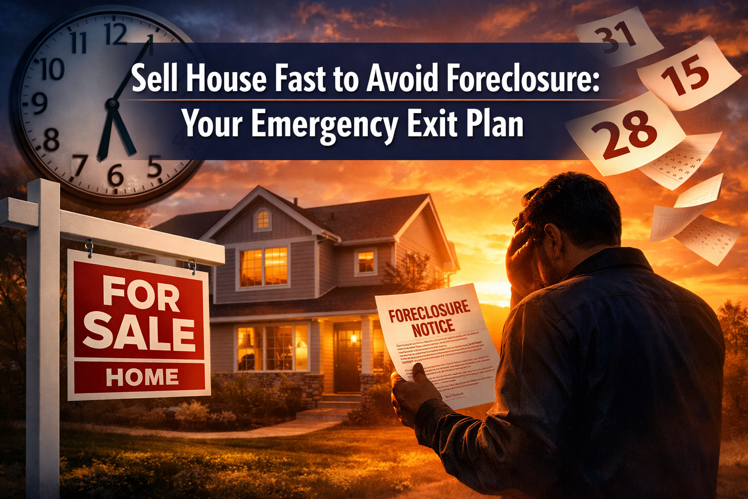 Professional landscape hero image (1536x1024) featuring bold text overlay 'Sell House Fast to Avoid Foreclosure: Your Emergency Exit Plan' i