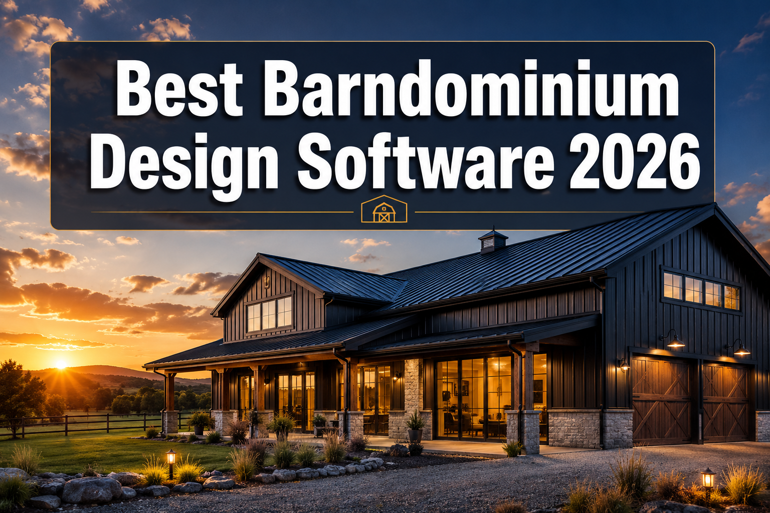 Professional () hero image with : 'Best Barndominium Design Software 2026' in extra large white with dark drop , centered
