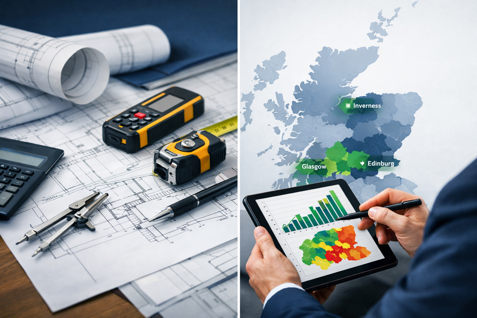 Detailed landscape format (1536x1024) image showing professional surveyor examining detailed property valuation report with Scottish market