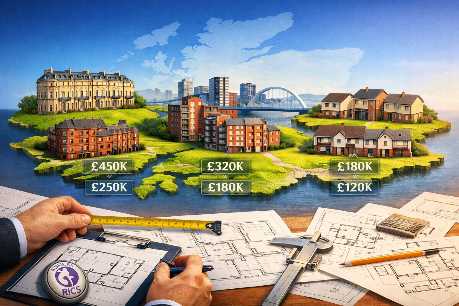 Landscape format (1536x1024) detailed infographic-style image showing comparative property valuation across different Scottish regions, visu