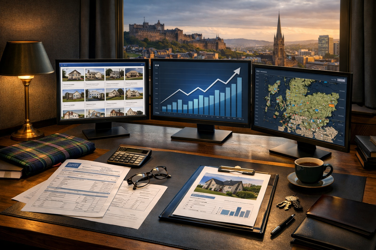 Professional landscape format (1536x1024) image depicting modern surveyor's office workspace focused on Scottish property market analysis, l