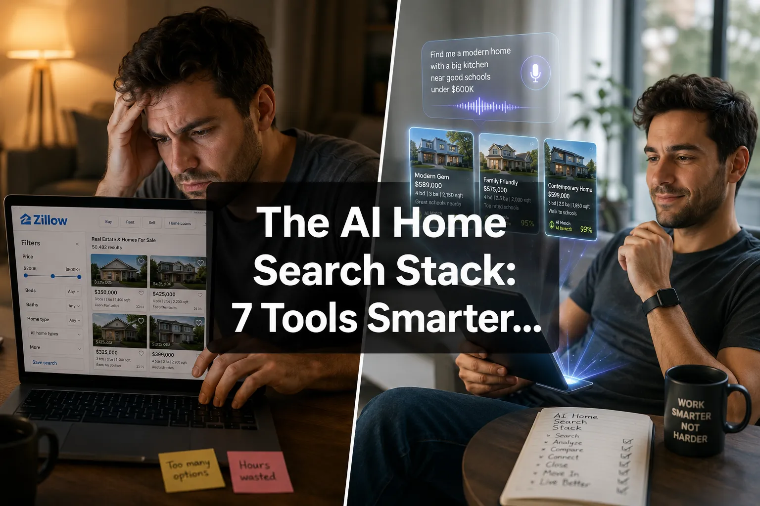 Professional () hero image with (≤42 chars): 'The AI Home Search Stack: 7 Tools Smarter…', crisp white on a dark