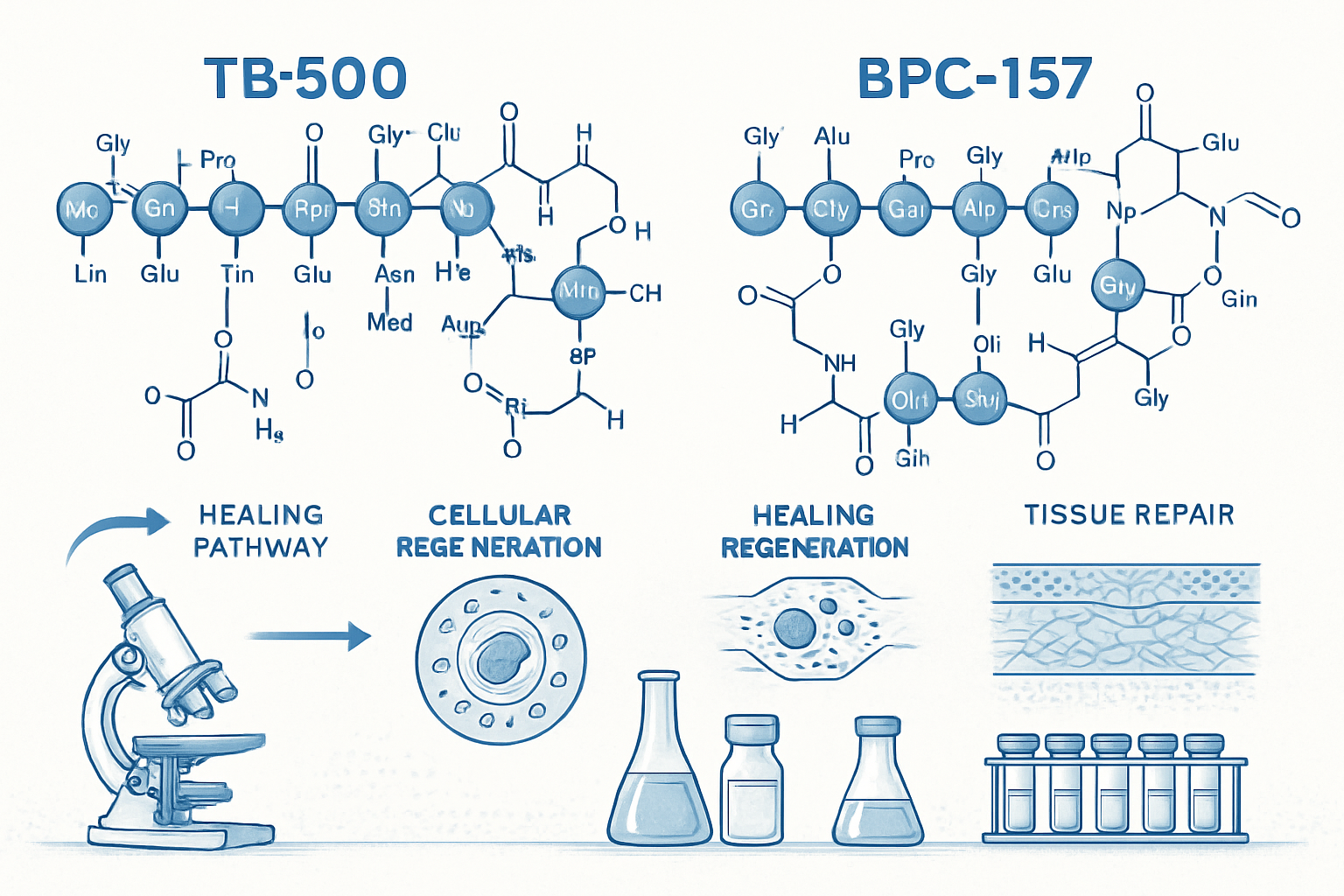 Scientific illustration showing TB-500 and BPC-157 molecular structures side by side with healing pathway diagrams, cellular regeneration gr