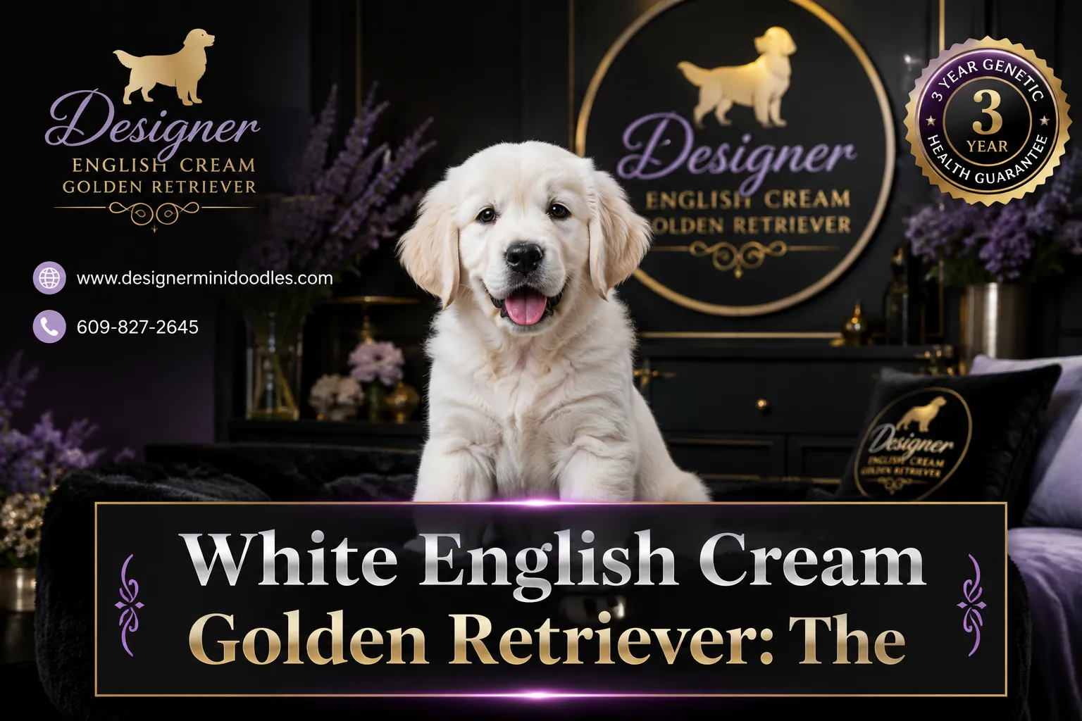 A reading "White English Cream Golden Retriever: The". CRITICAL TYPOGRAPHY RULES: render the text on 1–2 lines, centered,