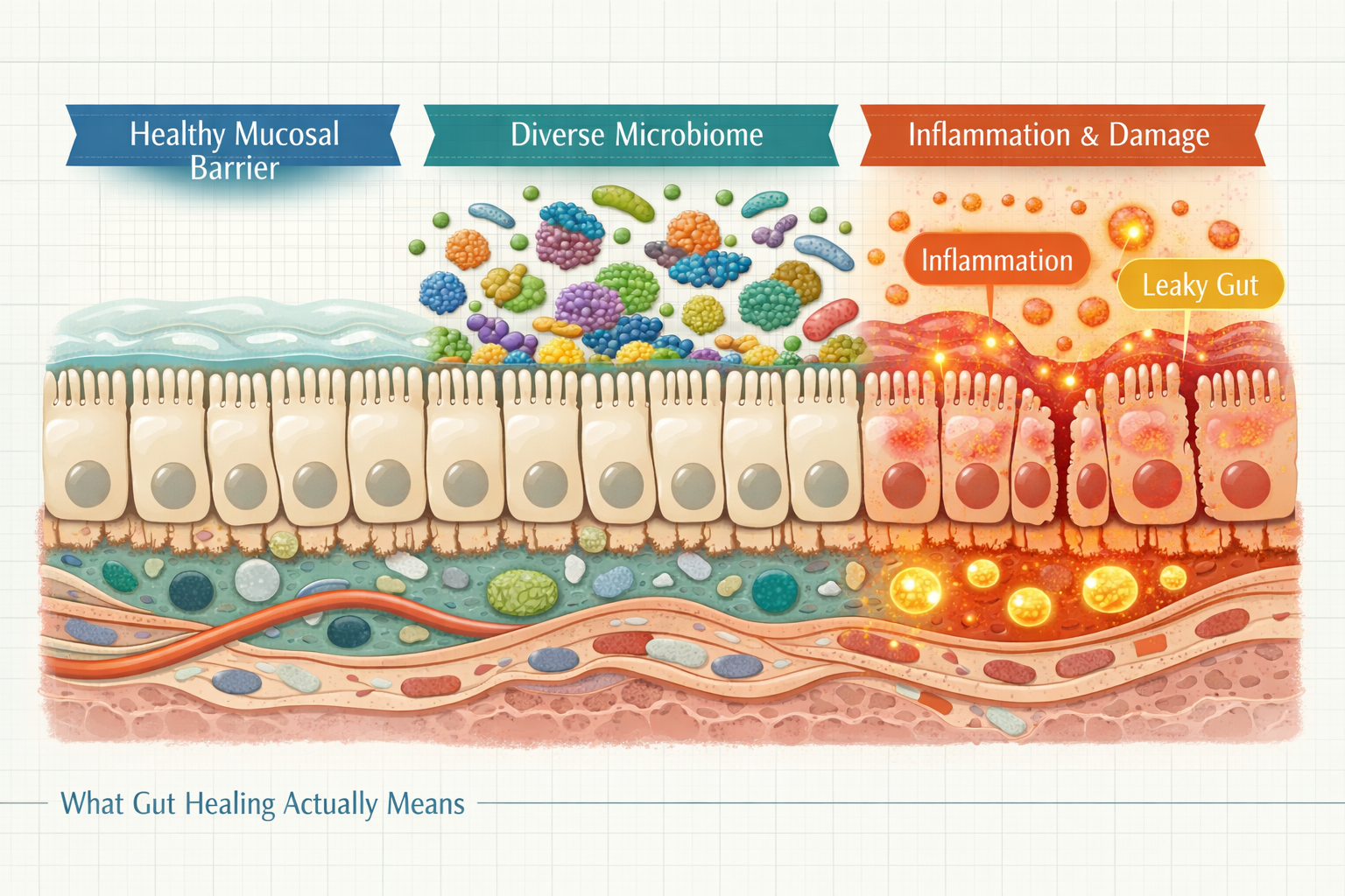Detailed () editorial illustration showing a cross-section anatomical diagram of the human gut lining with labeled zones: