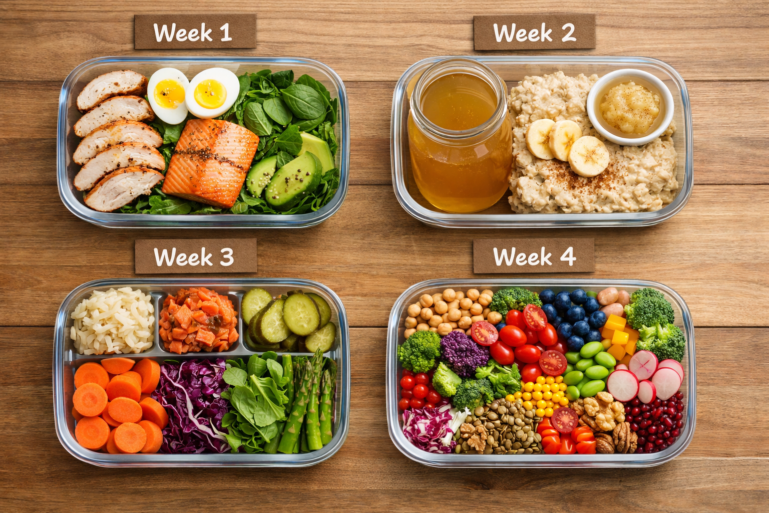 () overhead flat-lay photograph of a structured weekly meal prep scene: four clearly labeled meal containers arranged in a