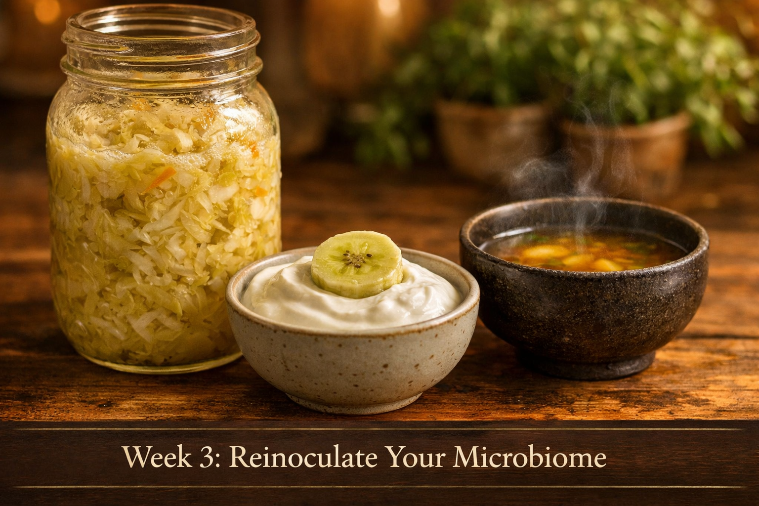 () close-up macro photograph of a wooden kitchen counter with three distinct fermented food preparations: a glass jar of