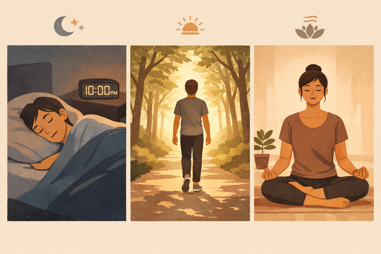 () split-panel editorial graphic showing a calm lifestyle timeline: left panel shows a person sleeping peacefully in a dark