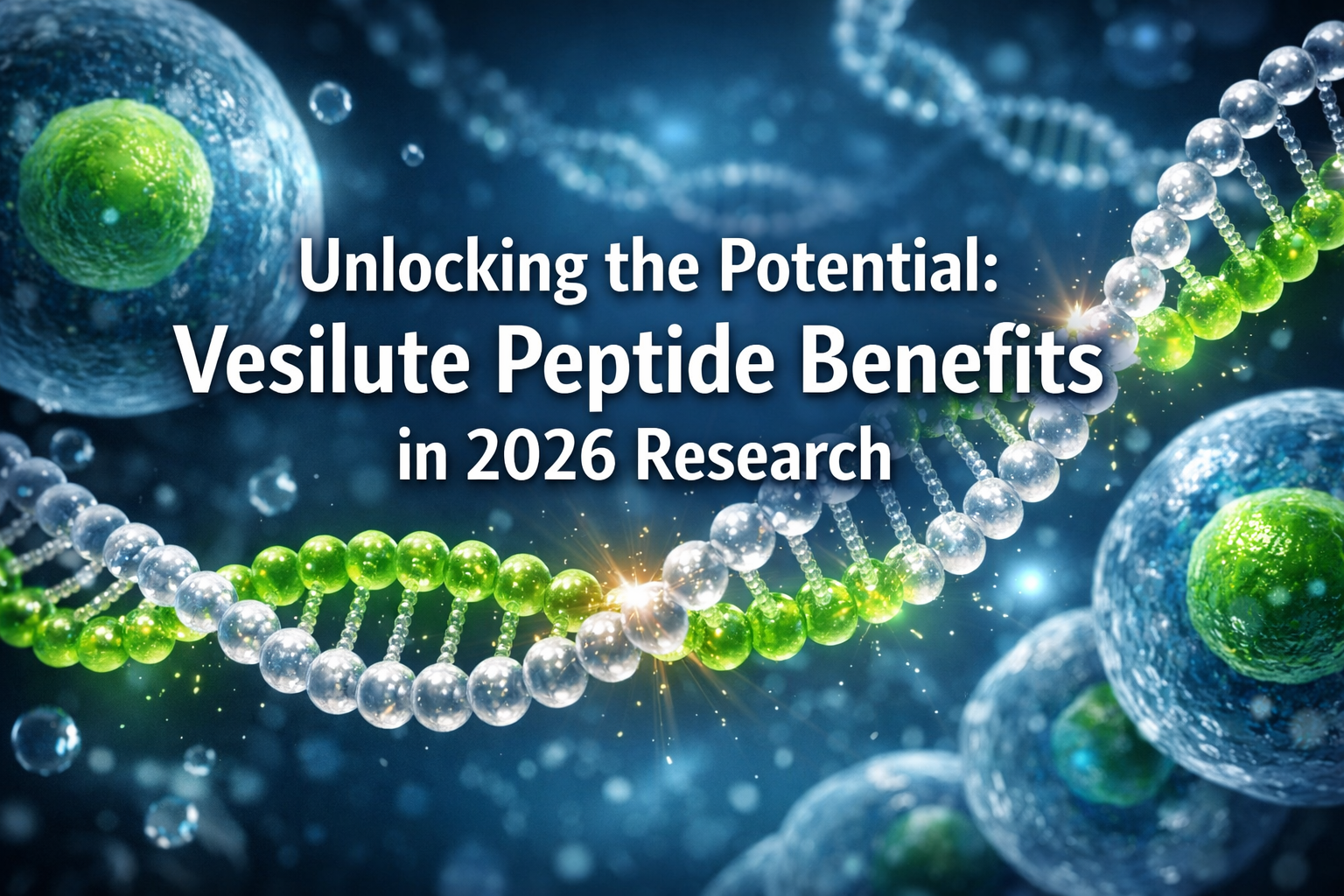 Professional landscape hero image (1536x1024) with bold text overlay: 'Unlocking the Potential: Vesilute Peptide Benefits in 2026 Research',