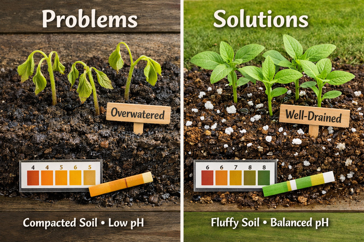 Landscape format (1536x1024) image displaying common seed starting mix problems and solutions. Split composition showing wilted seedlings on