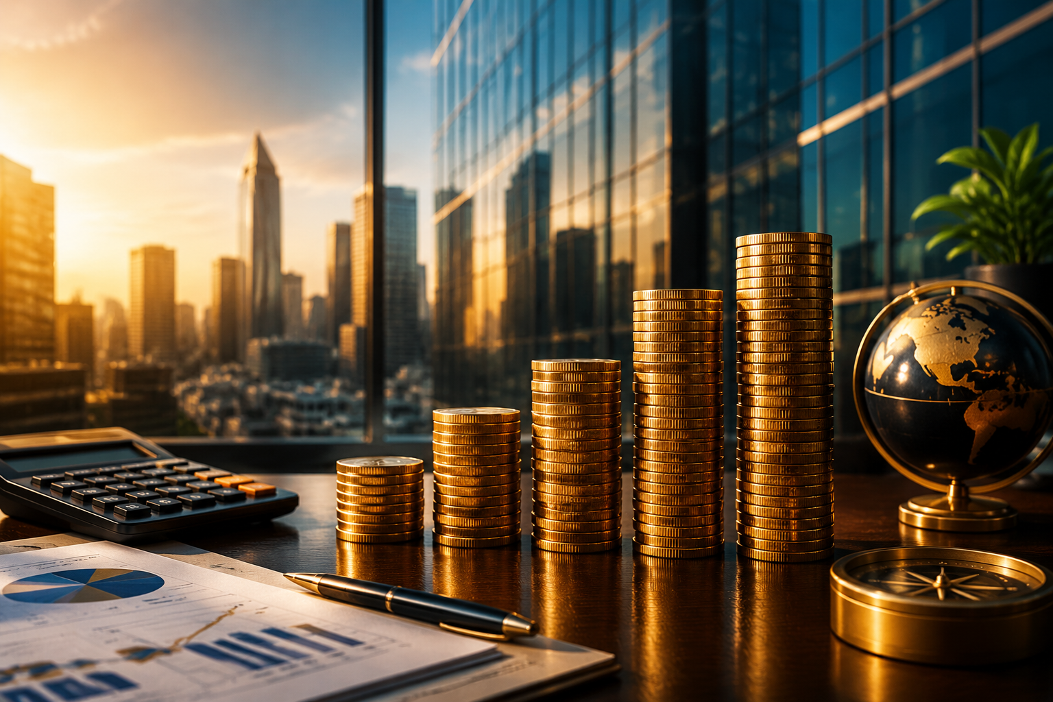 Professional () editorial image showing a sophisticated financial growth concept with ascending golden coins stacked in