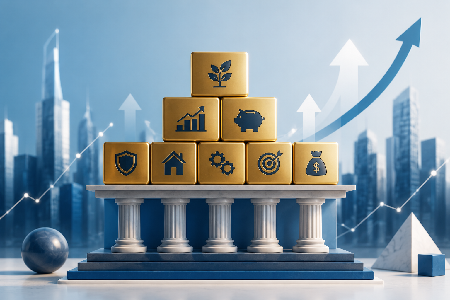() conceptual illustration showing the foundation principles of wealth creation, featuring a strong architectural foundation