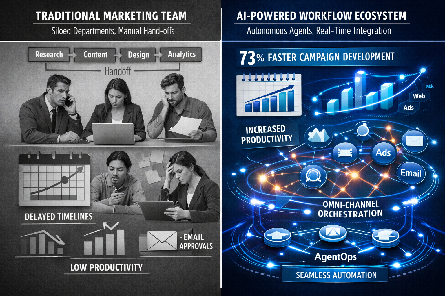 Landscape format (1536x1024) split-screen comparison visualization showing traditional relay-race marketing team structure on left (siloed d