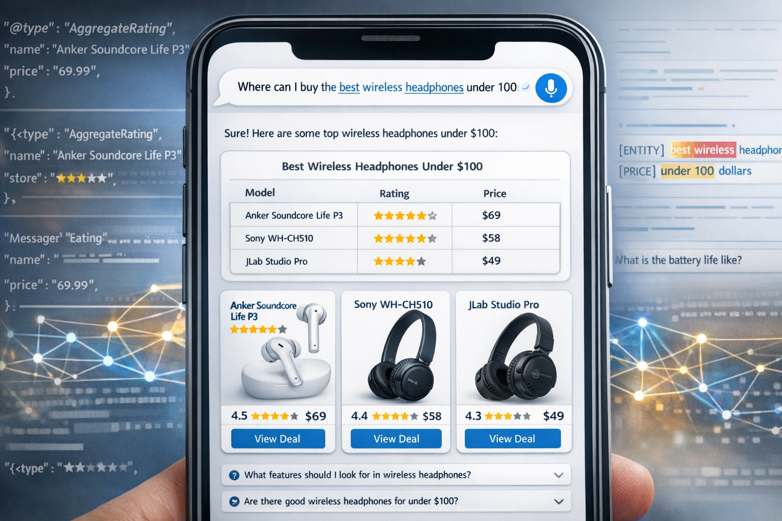Detailed () image showing close-up of smartphone screen displaying conversational voice search query 'where can I buy the