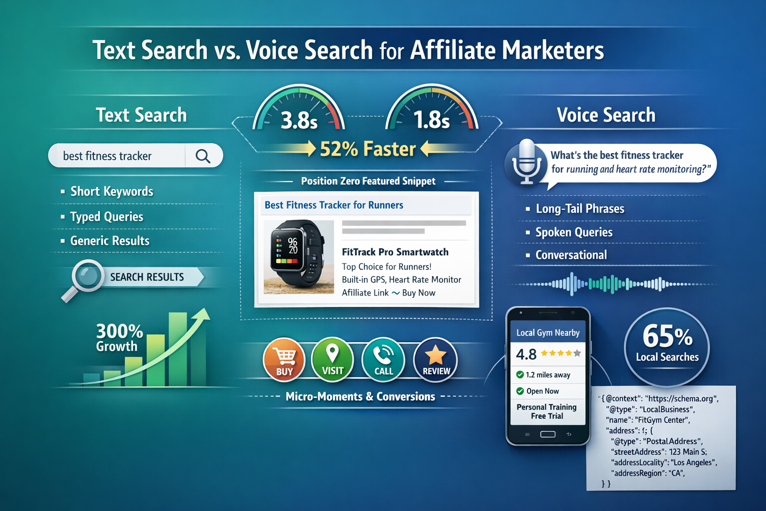 Comprehensive () infographic-style image displaying voice search conversion funnel for affiliate marketers. Left side shows