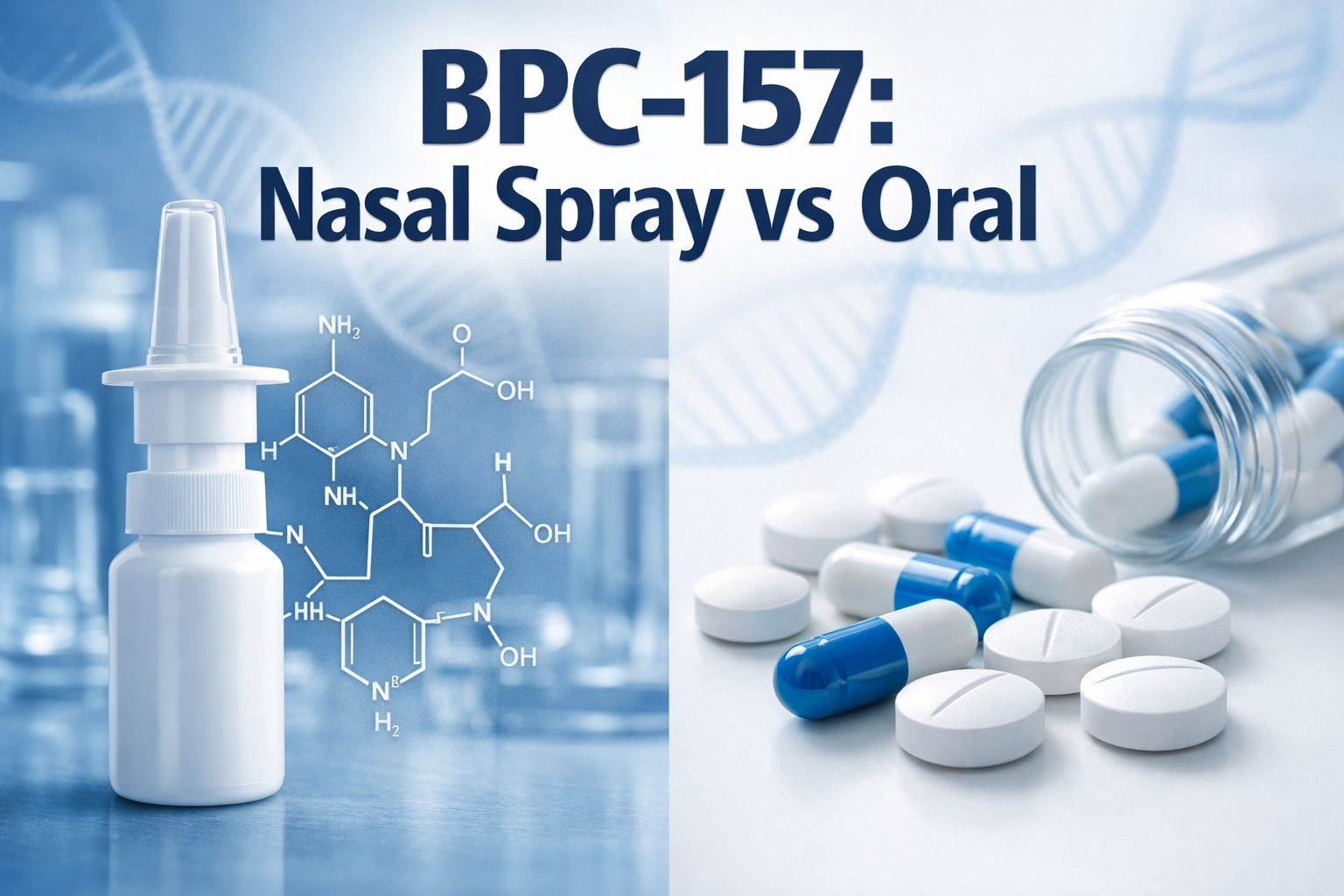 Professional landscape hero image (1536x1024) featuring bold text overlay 'BPC-157: Nasal Spray vs Oral' in extra large 72pt white sans-seri