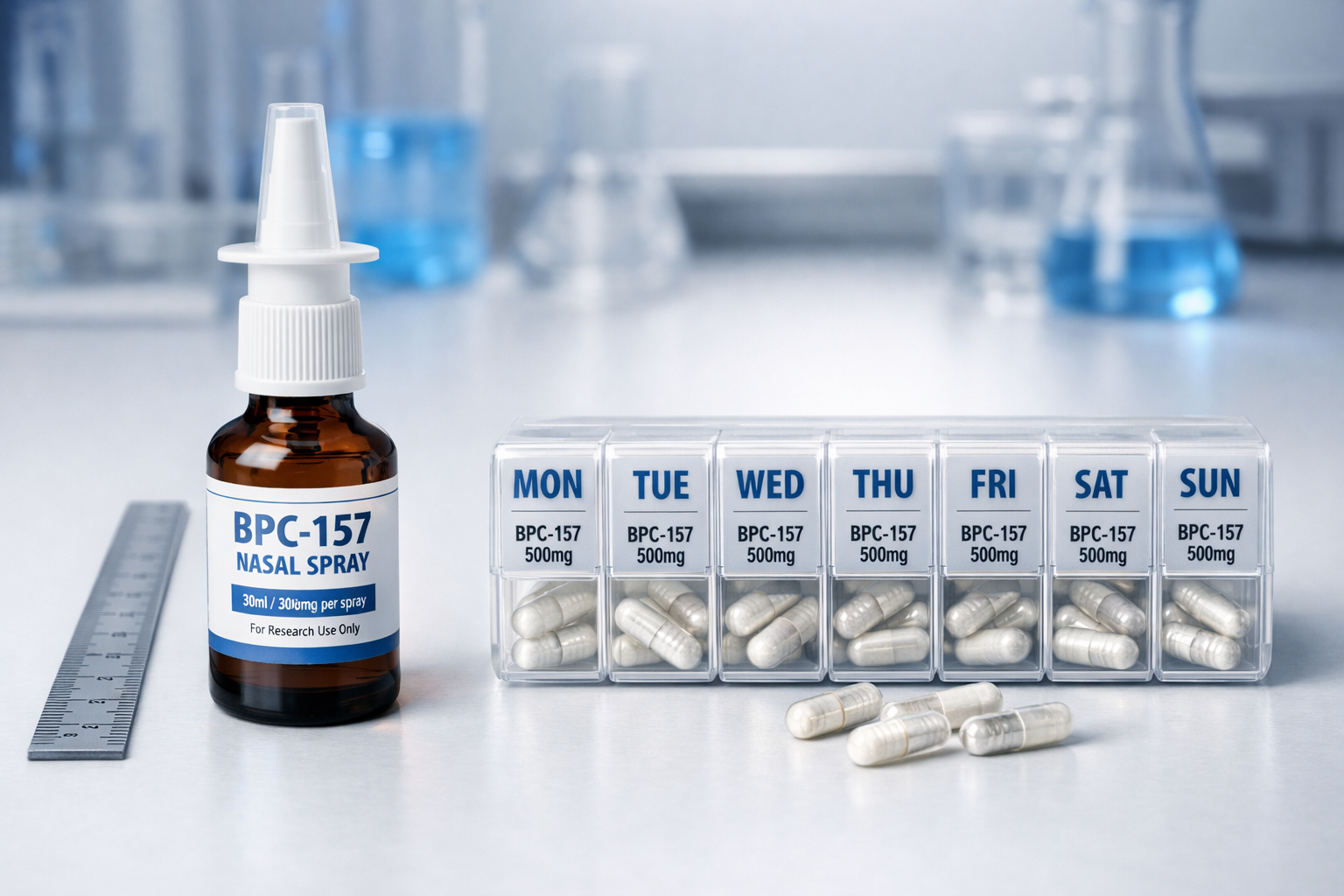Professional landscape photograph (1536x1024) showcasing BPC-157 administration methods side-by-side on clean white laboratory surface. Left
