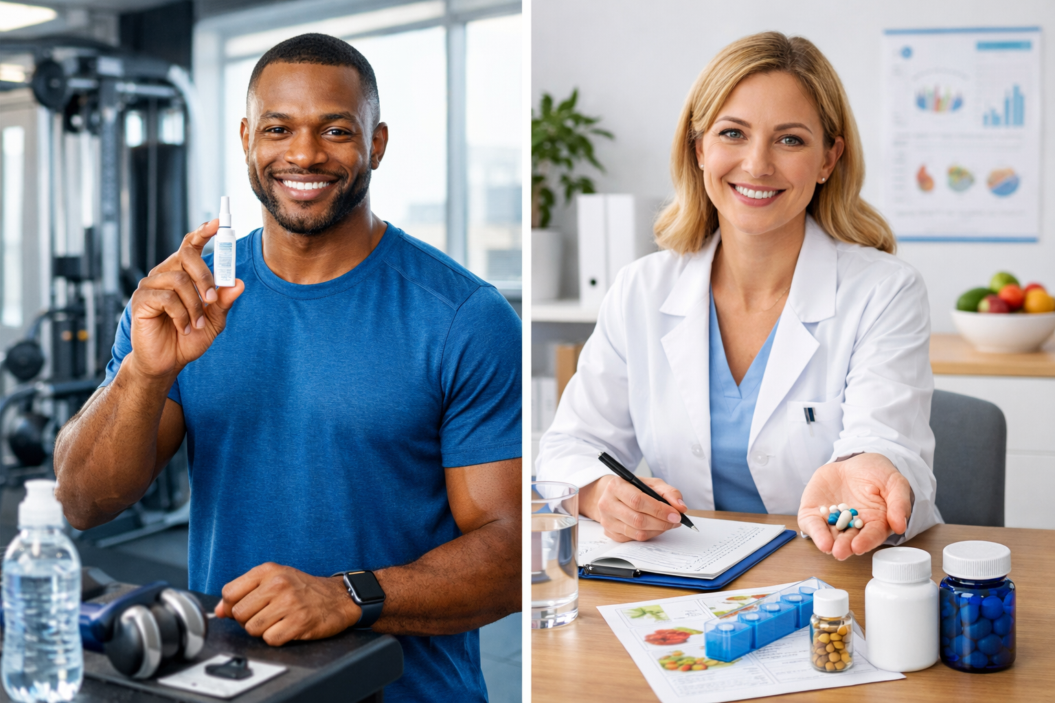 Landscape composition (1536x1024) showing practical usage scenarios for both administration methods. Split scene: left side shows fitness pr