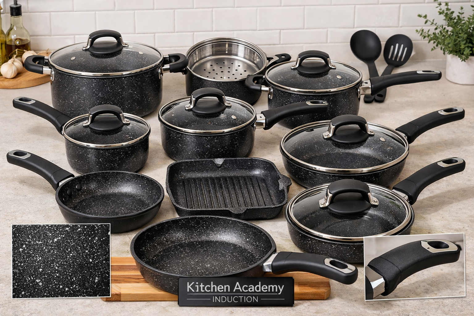 Kitchen Academy Induction Cookware Set detailed showcase of the Kitchen Academy Induction Cookware Set highlighting all 12 pieces arranged on a kitchen counter, showing the granite black nonstick interior coating and Bakelite handles in close-up detail Kitchen Academy Induction Cookware Set