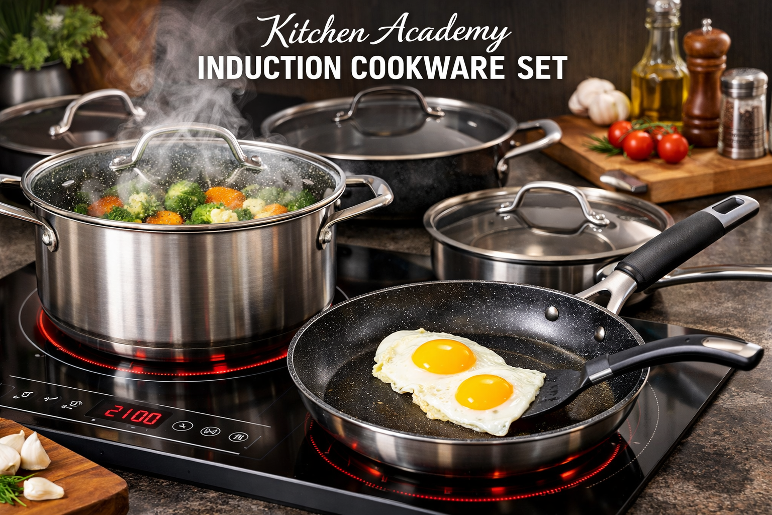 Kitchen Academy Induction Cookware Set detailed showcase of the Kitchen Academy Induction Cookware Set highlighting the cookware in action on an induction cooktop, with steam rising from a casserole pot and eggs sliding effortlessly in a fry pan