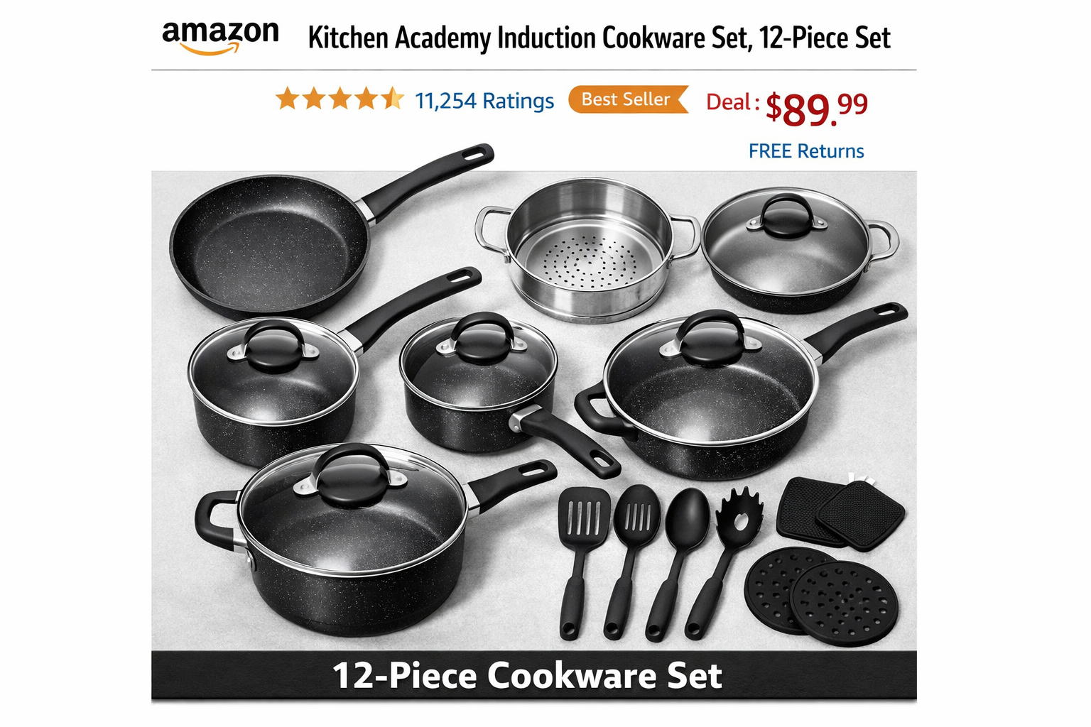 Kitchen Academy Induction Cookware Set detailed showcase of the Kitchen Academy Induction Cookware Set highlighting the product listing on Amazon including price point of $89.99, customer ratings, and the full 12-piece contents laid out in a flat-lay arrangement Kitchen Academy Induction Cookware Set Review