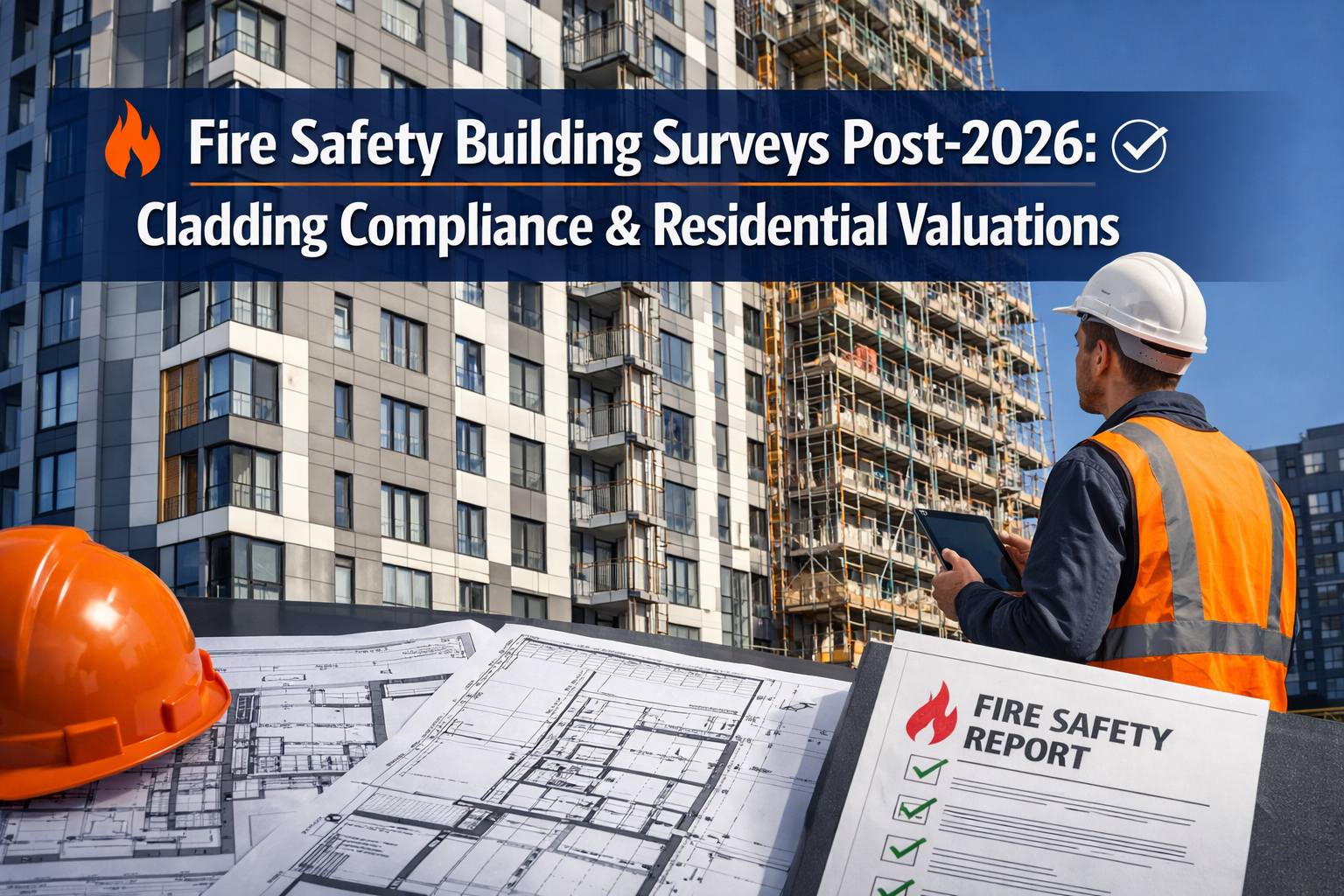 Professional landscape format (1536x1024) hero image featuring bold text overlay 'Fire Safety Building Surveys Post-2026: Cladding Complianc