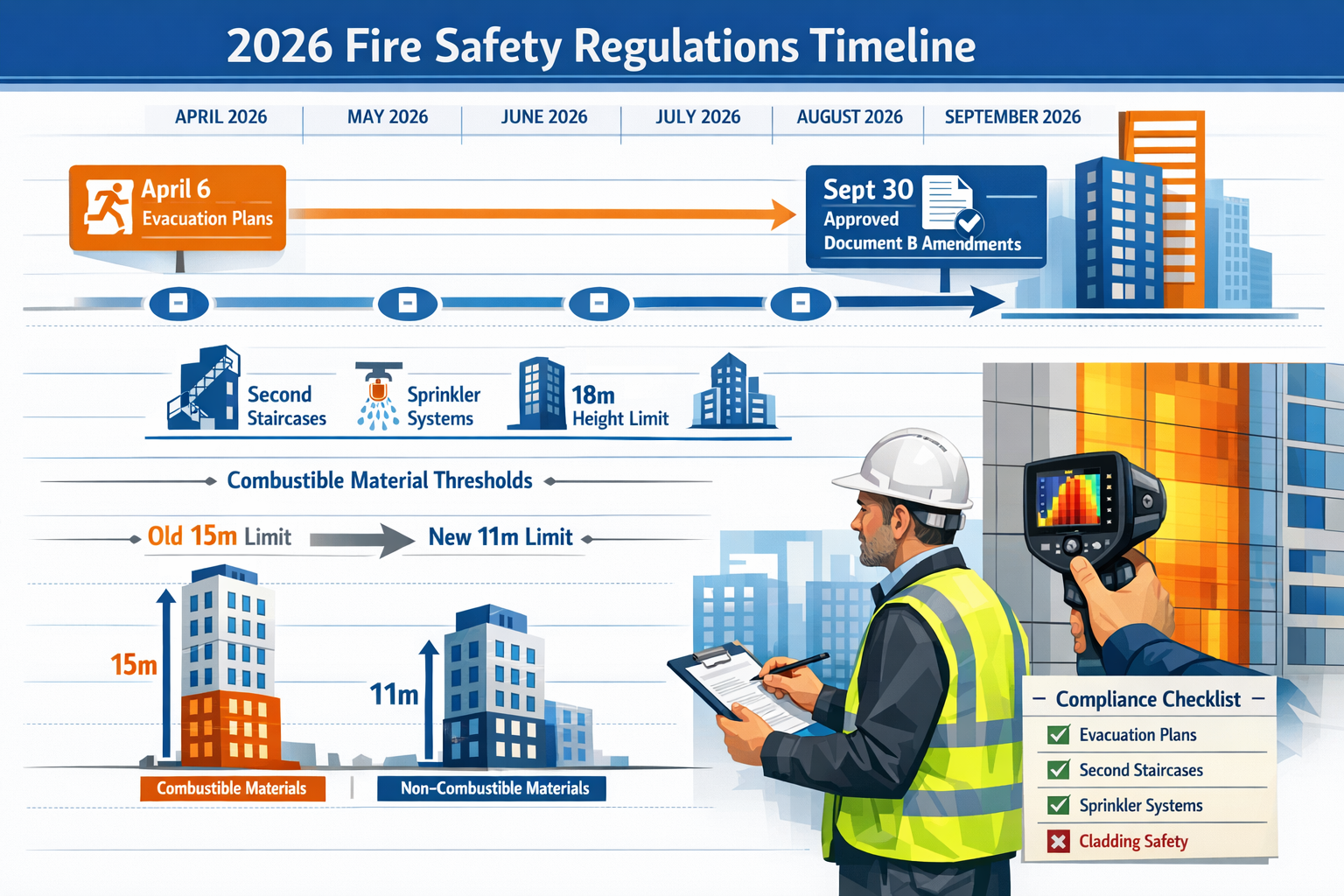 Landscape format (1536x1024) detailed infographic showing timeline of 2026 fire safety regulations implementation with calendar visual spann
