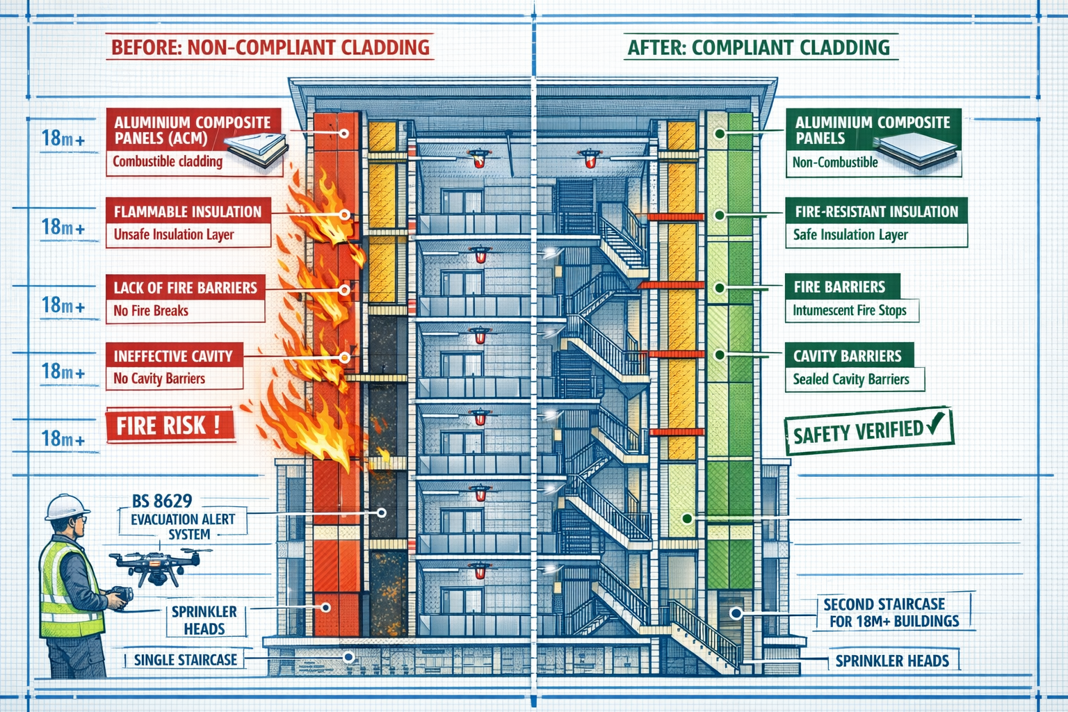 Landscape format (1536x1024) cross-section architectural diagram of residential building showing cladding remediation process with before/af