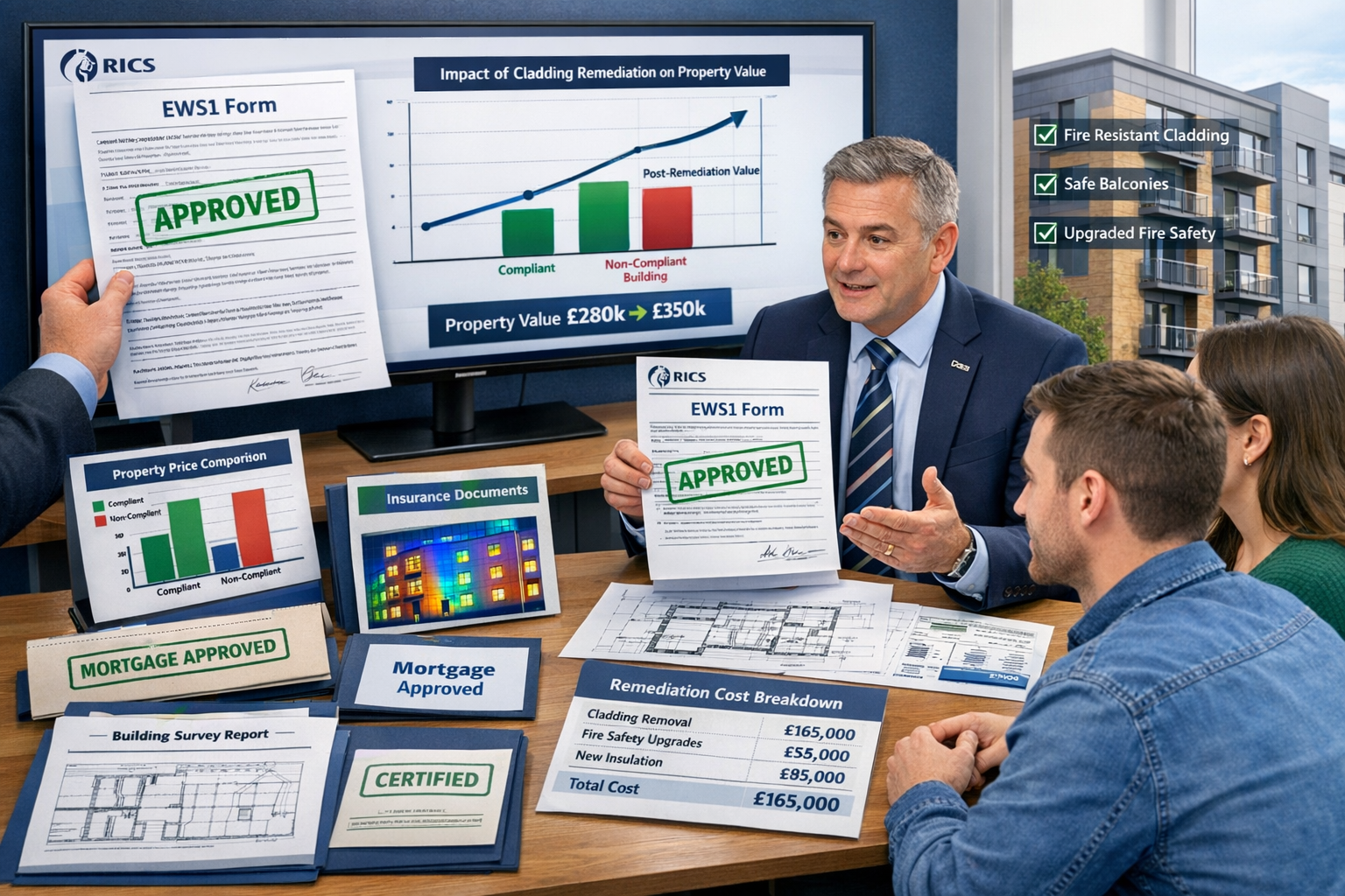 Landscape format (1536x1024) professional property valuation scene showing RICS chartered surveyor presenting detailed fire safety complianc
